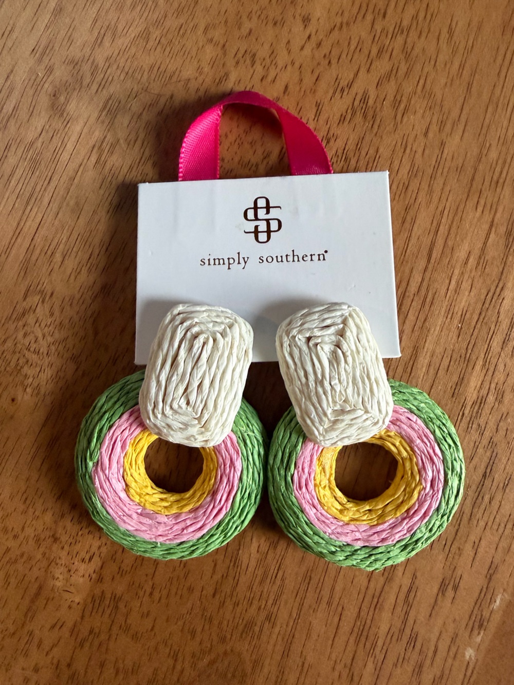 Simply Southern Raffia Statement Earrings Green Pink Yellow Boho NWT